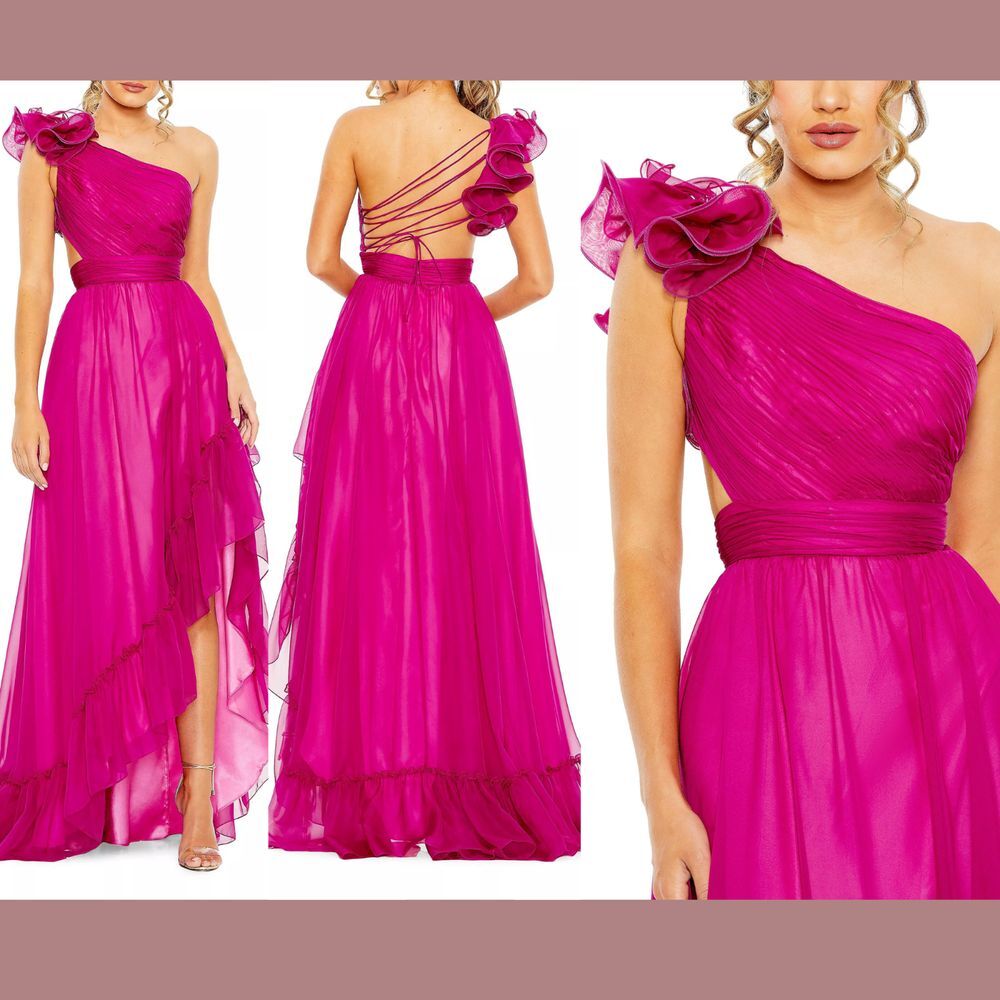 NEW $598 Mac Duggal [ 4‎ ] Ruffled One Shoulder Asymmetrical Gown Magenta G1698